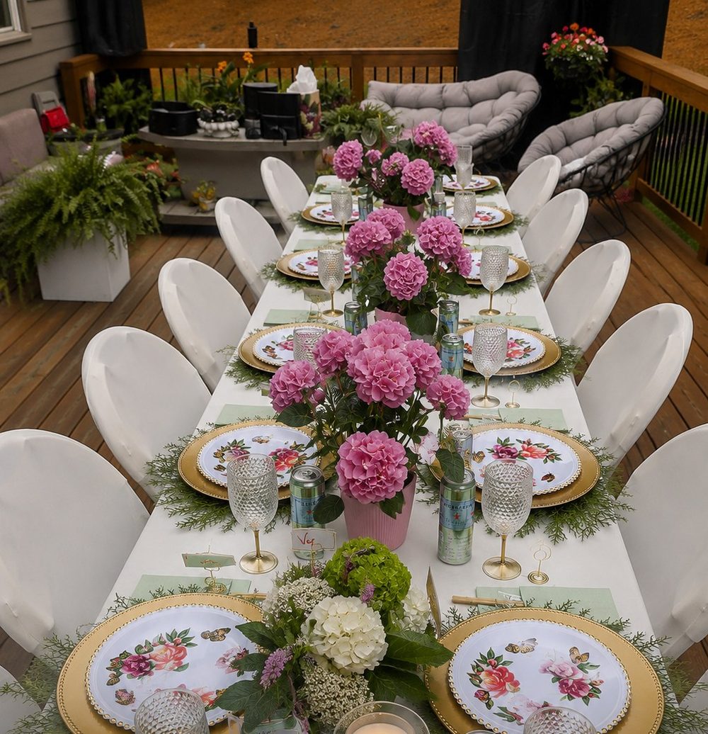 A long table set outdoors for a gathering, with pink hydrangeas down the center, floral plates on gold chargers and white chairs.