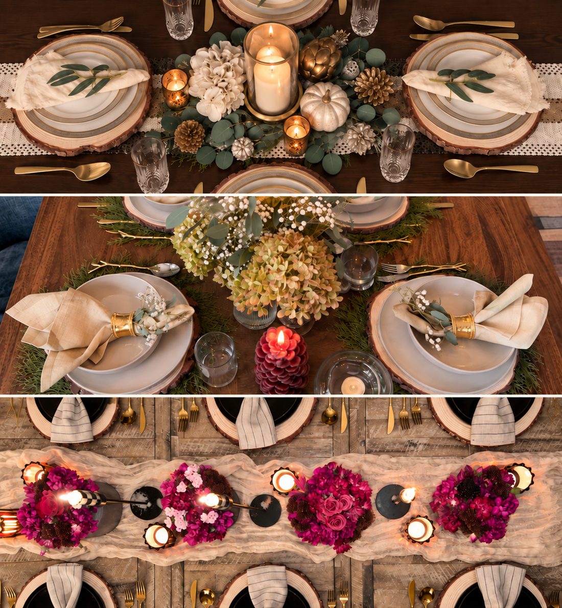 Three dining tables seen from above, each set on the same round wood charger. Vee's has white pumpkins and candlelight, Tiff's has green hydrangea and cedar, Toya's has magenta flowers on a rustic wood table.